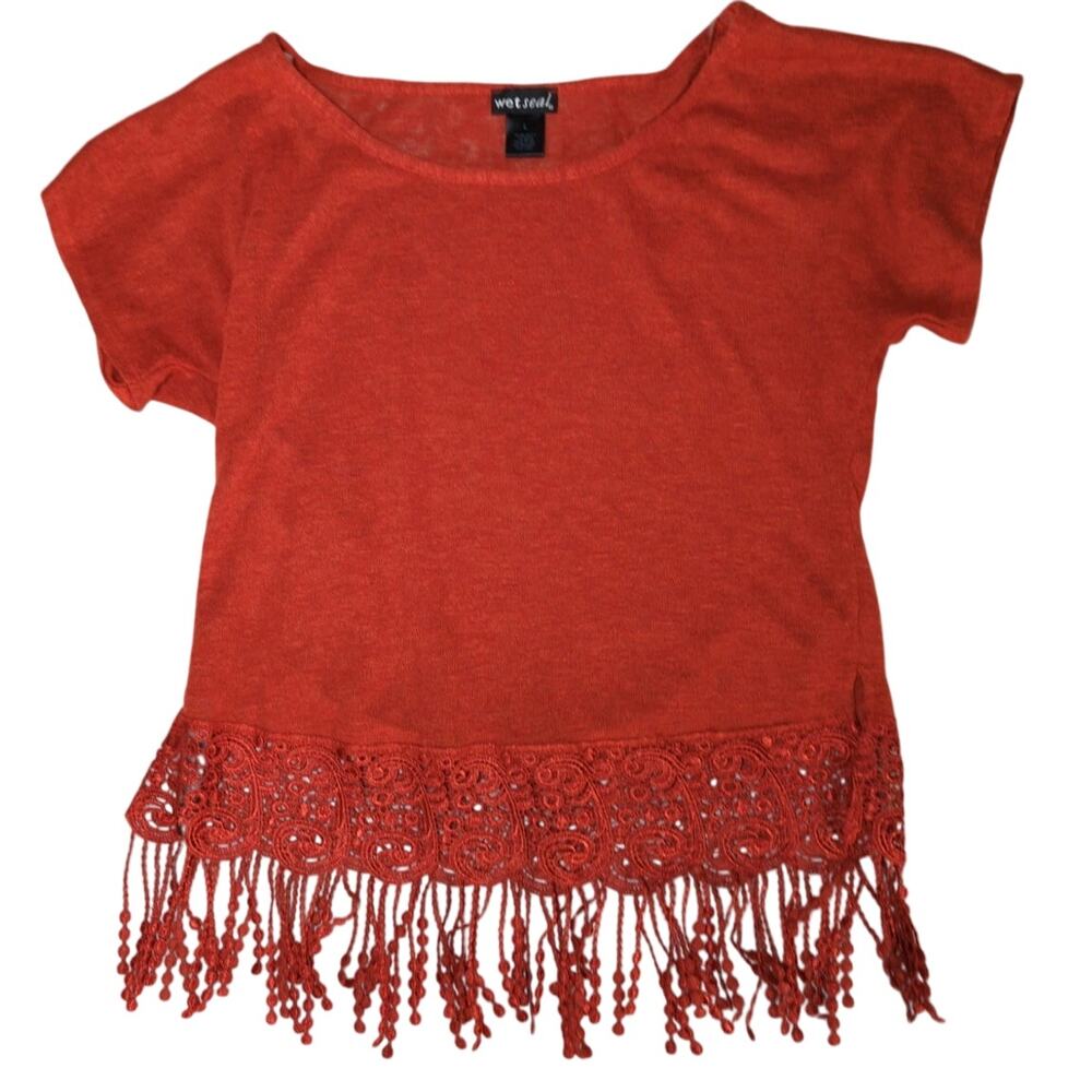 Y2K Wet Seal USA Orange Crochet Fringe Hem Knit Top Boho Festival Women L